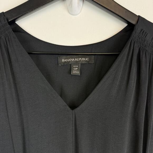 Banana Republic Maxi w Slits Pleated Vneck Dress Black Satin - 0P 0 Petite - Picture 5 of 12